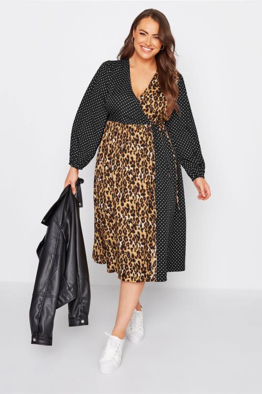 LIMITED COLLECTION Curve Black Contrast Leopard Polka Dot Print Wrap Dress 1