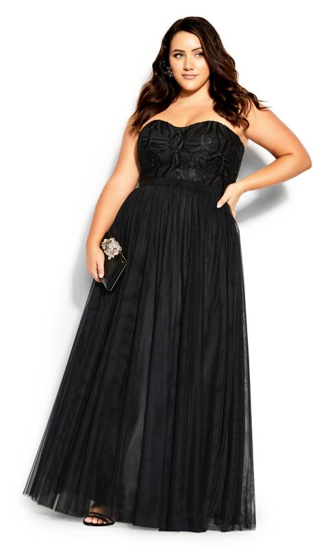 Plus Size  City Chic Black Strapless Embroidered Maxi Dress