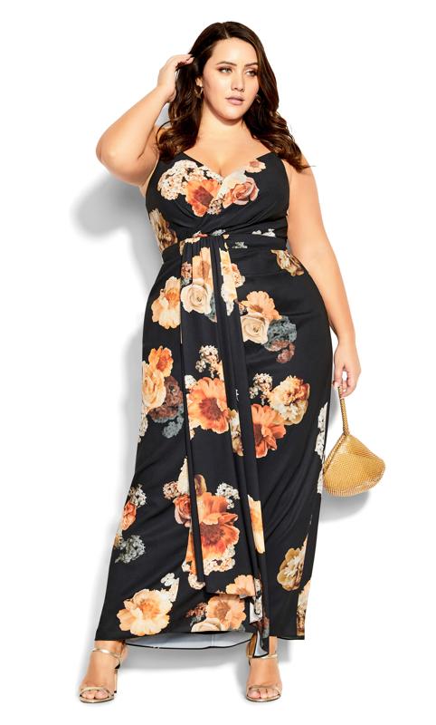 Plus Size  City Chic Black Floral Print Drape Front Maxi Dress