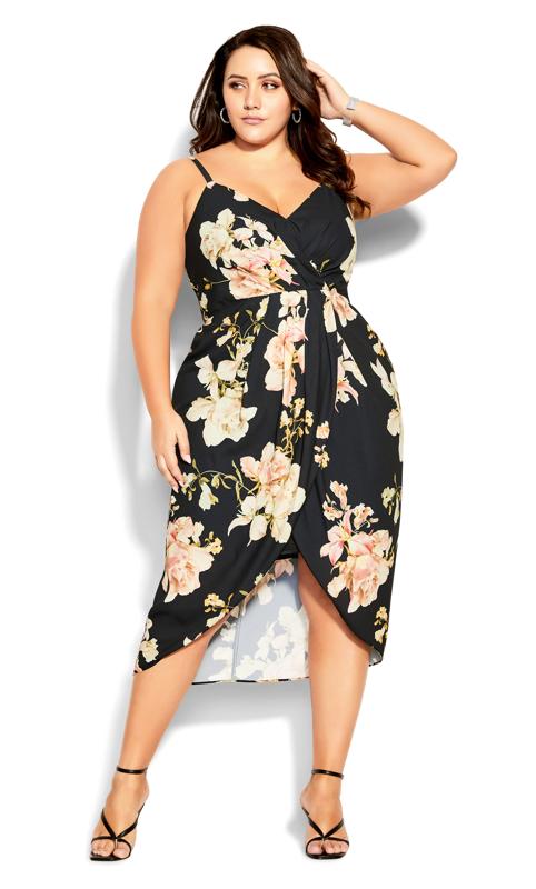 Plus Size  City Chic Black Floral Print Wrap Front Dress