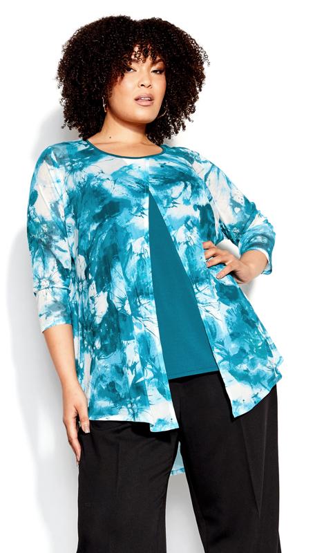 Evans Blue Abstract Floral Open Front Blouse 1