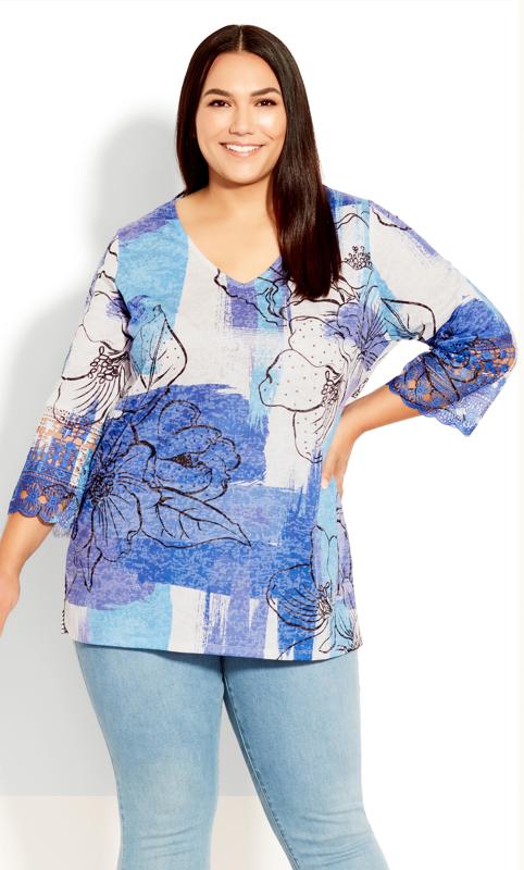 Evans White Floral Print Lace Sleeve Top 1