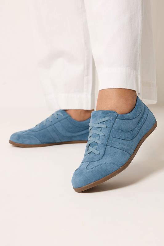  Blauwe imitatiesuède streep trainers in extra brede EEE-pasvorm