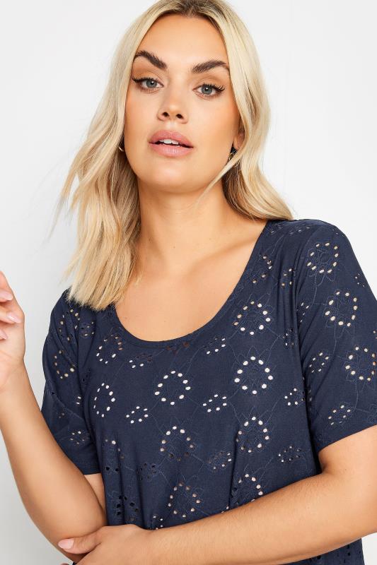 YOURS Plus Size Navy Blue Broderie Anglaise T-Shirt | Yours Clothing 4