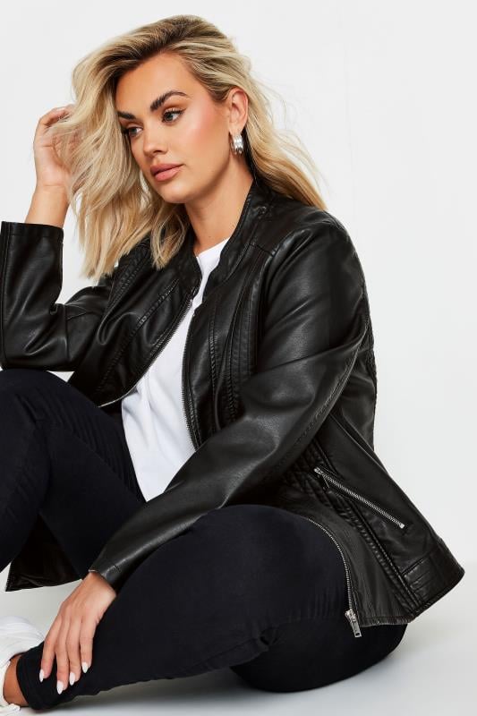 YOURS Plus Size Curve Black Faux Leather Zip Jacket | Yours Clothing  2