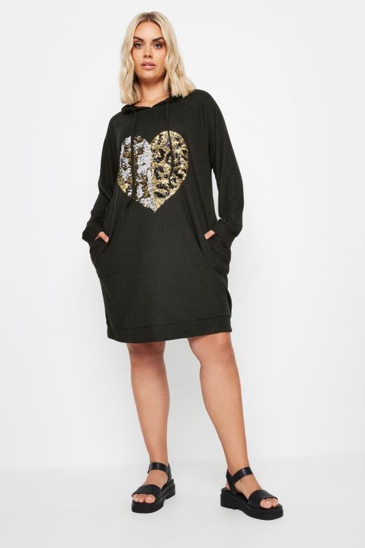  YOURS Curve Black Sequin Embellished Heart Hoodie Dress