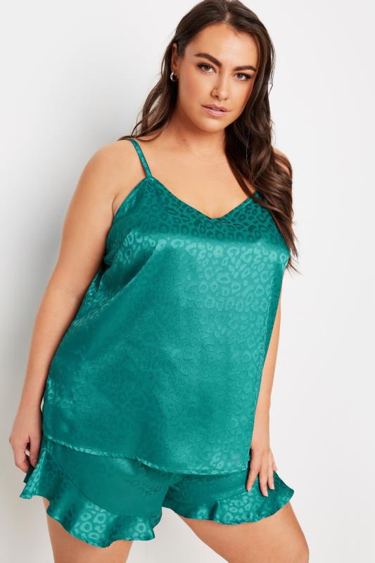 YOURS Plus Size Green Leopard Print Satin Pyjama Set | Yours Clothing  2