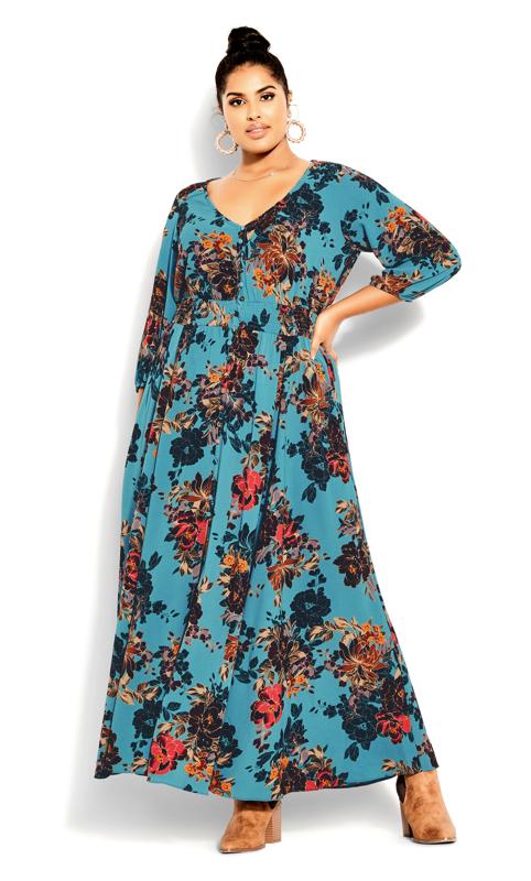 Plus Size  City Chic Blue Floral Print Smock Maxi Dress