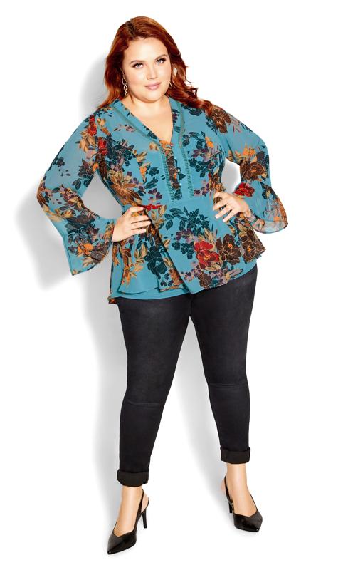 Evans Blue Floral Chiffon Frill Sleeve Blouse 3
