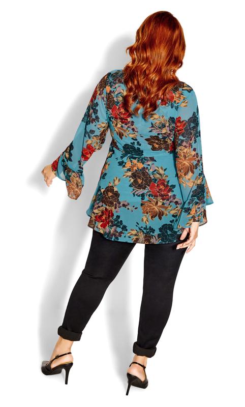 Evans Blue Floral Chiffon Frill Sleeve Blouse 4