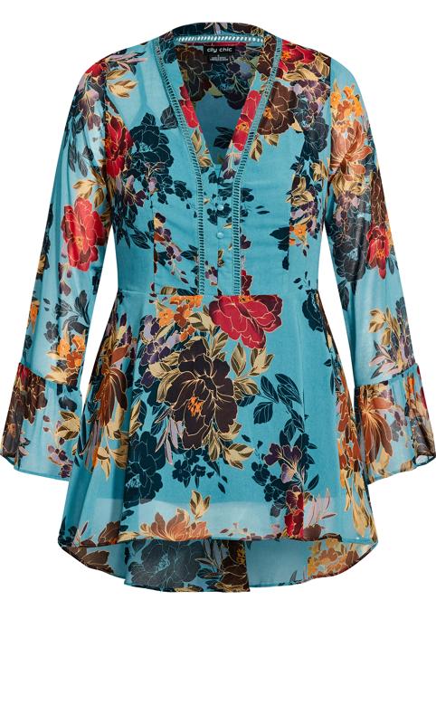 Evans Blue Floral Chiffon Frill Sleeve Blouse 5