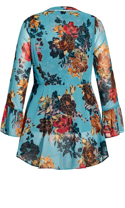Evans Blue Floral Chiffon Frill Sleeve Blouse 6