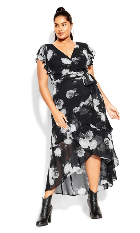  Tallas Grandes City Chic Black Floral Print Chiffon Wrap Dress