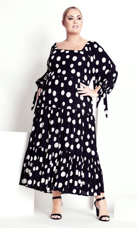Plus Size  City Chic Black Polka Dot Long Sleeve Smock Maxi Dress