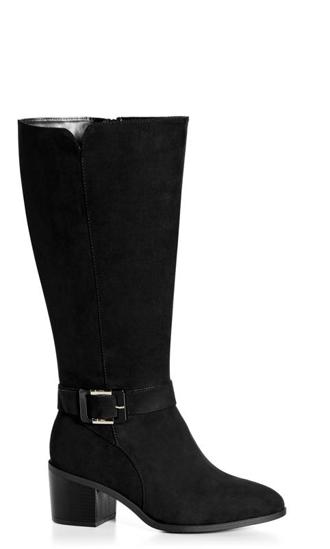Plus Size  Evans Black Faux Suede Buckle Heeled Knee High Boots