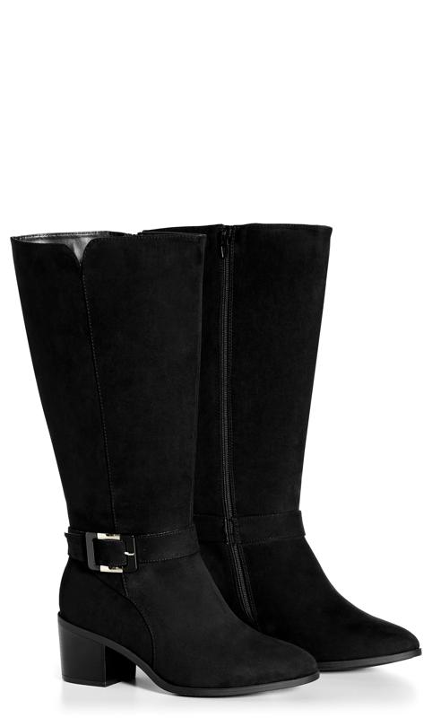 Evans Black Faux Suede Buckle Heeled Knee High Boots 6