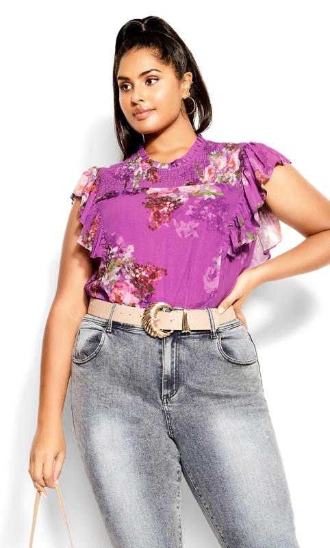 Plus Size  City Chic Navy Blue Floral Print Frill Top