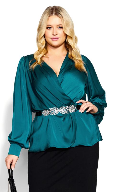 Plus Size  City Chic Teal Green Satin Balloon Sleeve Wrap Top