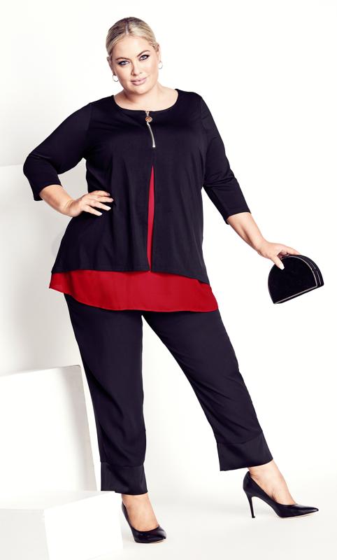 Evans Black & Red Double Layered Zip Front Tunic Top 1