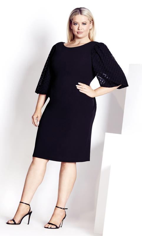 Plus Size  Evans Black Midi Dress Lace Detail Sleeve