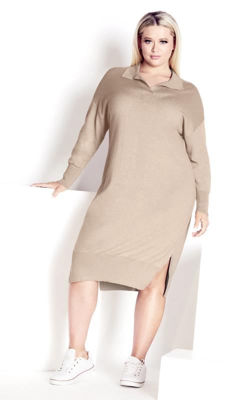 Evanse Beige Brown Knitted V-Neck Midi Dress 1