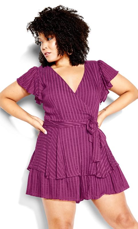  Grande Taille Evans Purple Ribbed Ruffle Wrap Playsuit