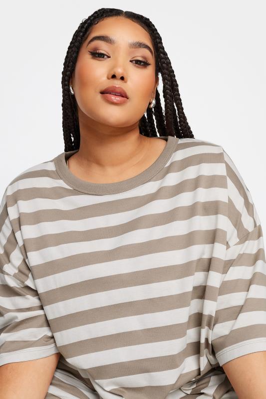 YOURS Plus Size Mocha Brown Stripe Boxy T-Shirt | Yours Clothing 5