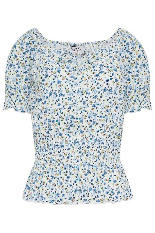 LTS Tall Women's White & Blue Floral Crinkle Bardot Top | Long Tall Sally 6