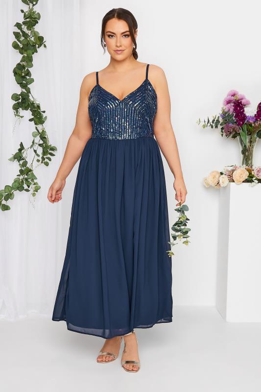 LUXE Plus Size Navy Blue Sequin Embellished Sleeveless Maxi Dress | Yours Clothing 1