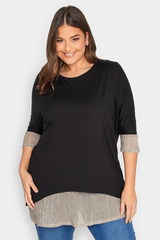 YOURS LUXURY Plus Size Curve Black & Gold Double Layer Pleated Blouse | Yours Clothing  1