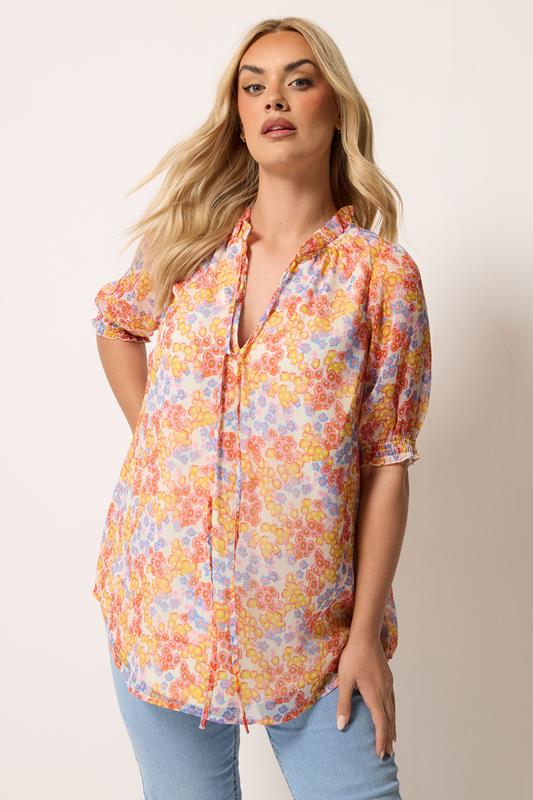 YOURS Plus Size White Floral Frill Neck Blouse | Yours Clothing 1