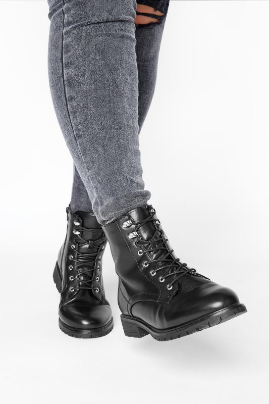 Black Vegan Leather Lace Up Combat Boots In Extra Wide Fit | Yours Clothing