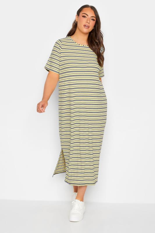 YOURS Plus Size Yellow Stripe Maxi T-Shirt Dress | Yours Clothing 2