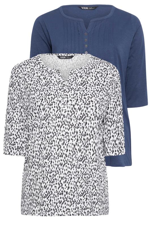 YOURS 2 PACK Plus Size White & Denim Blue Animal Markings Print Henley T-Shirts | Yours Clothing 8