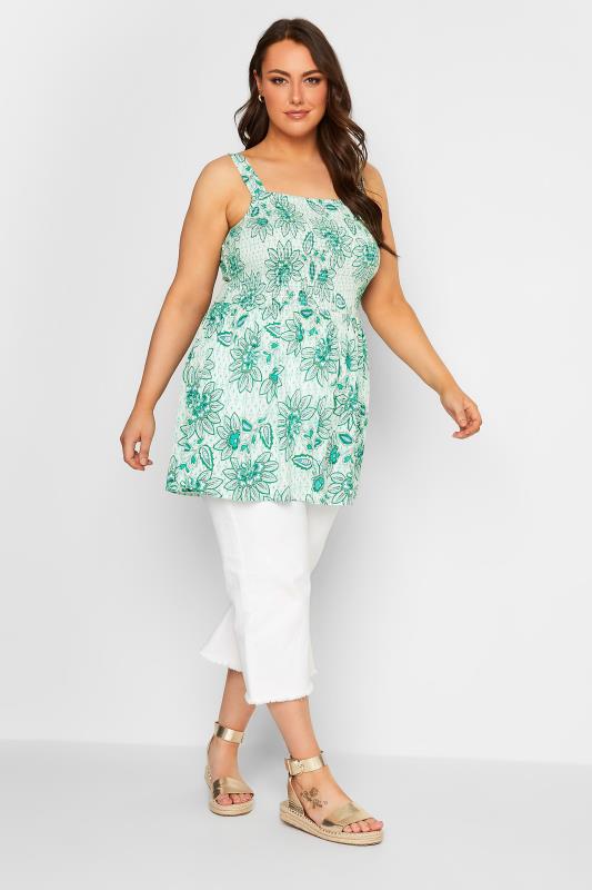 YOURS Curve Plus Size White Tropical Print Crinkle Vest Top | Yours Clothing  2