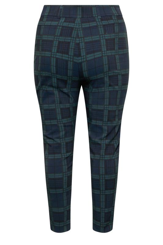 Plus Size Navy Blue & Green Check Print Bengaline Slim Leg Stretch Trousers | Yours Clothing 5