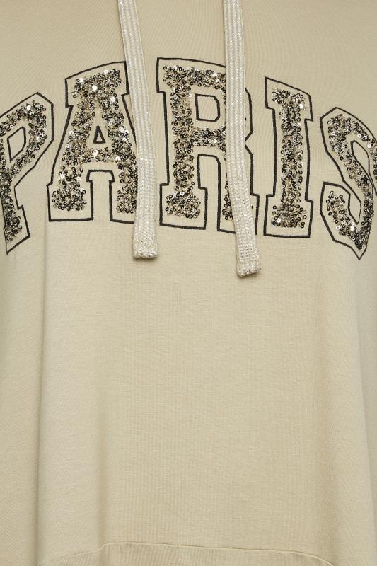 YOURS Plus Size Beige Brown 'Paris' Sequin Slogan Longline Hoodie | Yours Clothing 5