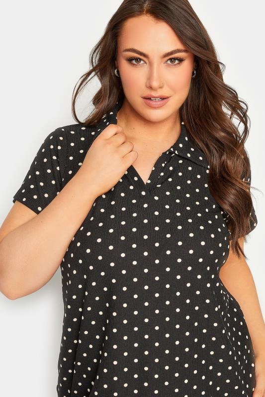 Black Polka Dot Textured Polo Top | Yours Clothing 4