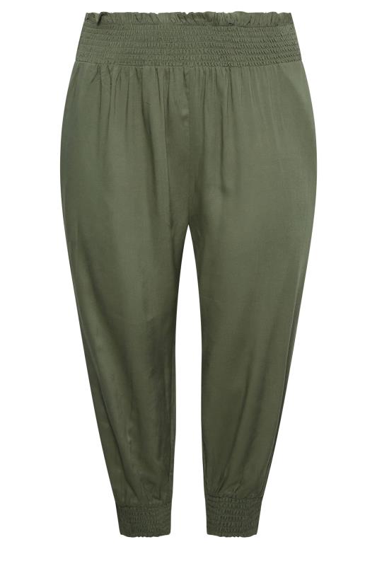 YOURS Curve Khaki Green Shirred Waist Cropped Harem Trousers | Yours Clothing 5