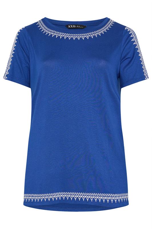 YOURS Plus Size Blue Embroidered Cold Shoulder T-Shirt | Yours Clothing 5