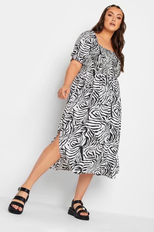 YOURS Plus Size Black & White Zebra Print Shirred Midaxi Dress | Yours Clothing 1