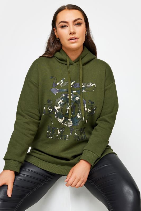  Grande Taille YOURS Curve Khaki Green 'Vintage' Slogan Hoodie