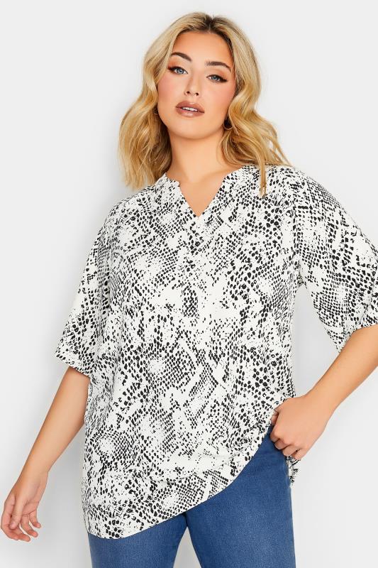 YOURS Plus Size White Snake Print V-Neck Blouse | Yours Clothing 1