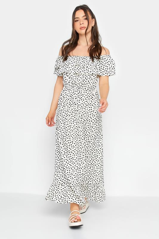 PixieGirl White Polka Dot Frill Bardot Maxi Dress | PixieGirl 2