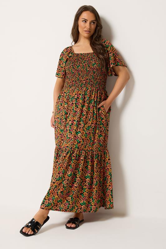YOURS Plus Size Black Shirred Floral Maxi Dress | Yours Clothing 1
