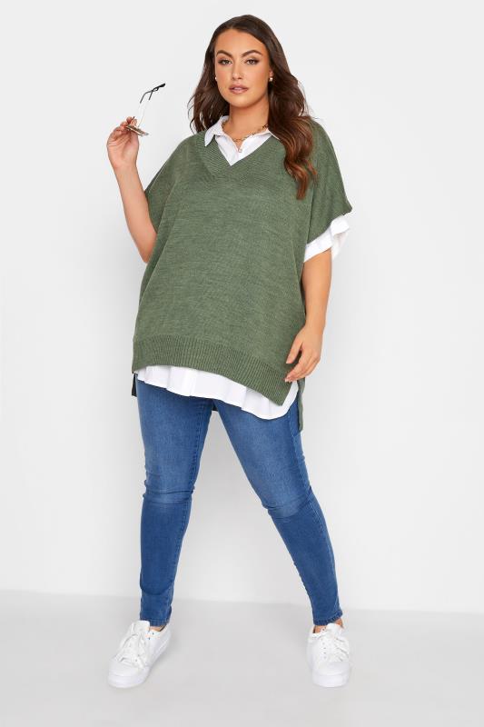 Plus Size Curve Khaki Green V-Neck Knitted Vest | Yours Clothing 2