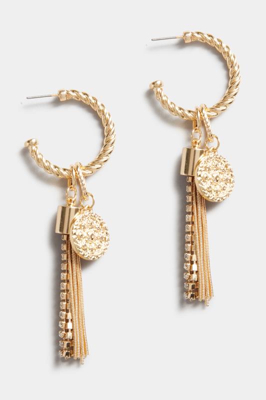 Gold Tone Tassel Drop Hoop Earrings | Yours Clothing 2