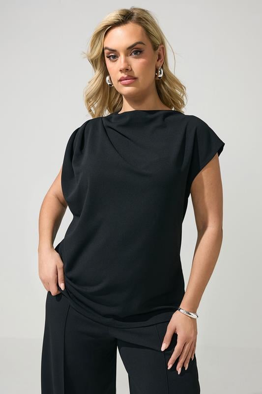YOURS LONDON Plus Size Black Drape Shoulder Top | Yours Clothing 1