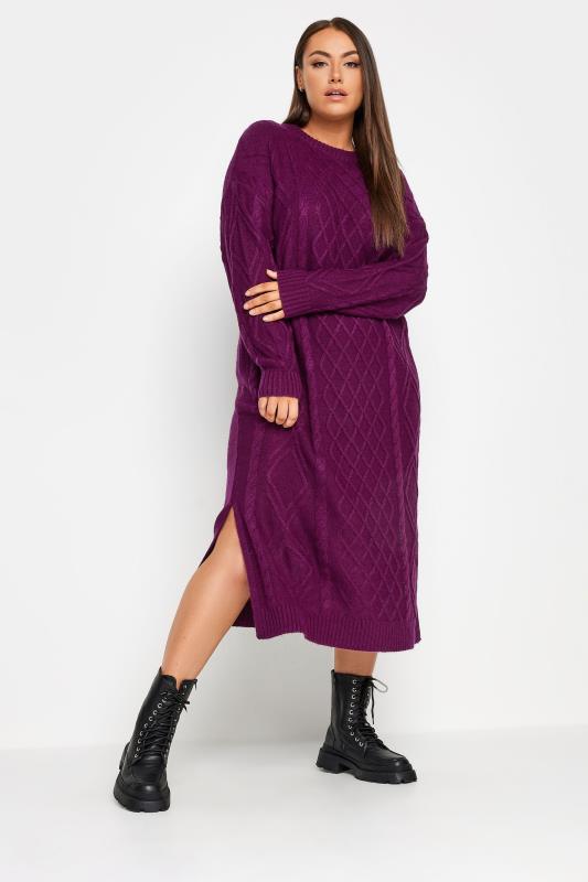 YOURS Plus Size Purple Cable Knit Midi Jumper Dress | Yours Clothing 1