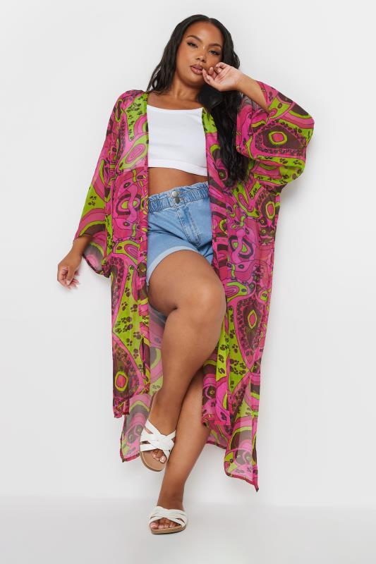 YOURS Plus Size Pink Abstract Print Beach Kimono | Yours Clothing  1